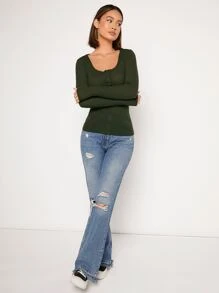 SHEIN Essnce 大圓領華夫格編織T恤 - 軍綠色 - 查看 3