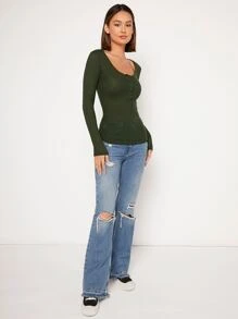 SHEIN Essnce 大圓領華夫格編織T恤 - 軍綠色 - 查看 4