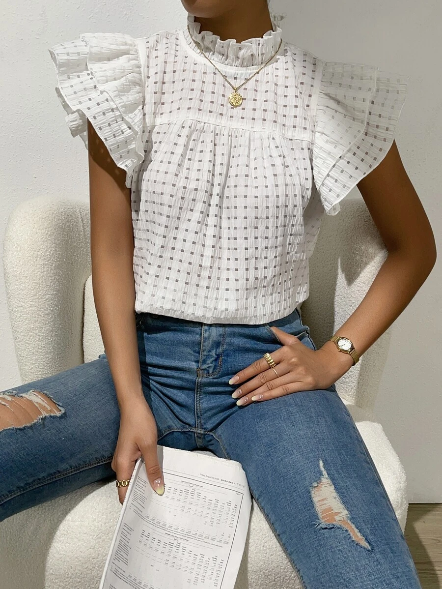 SHEIN Frenchy 女士夏季度假风印花荷叶边立领多层袖宽松衬衫