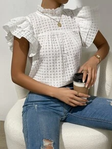 SHEIN Frenchy 女士夏季度假风印花荷叶边立领多层袖宽松衬衫