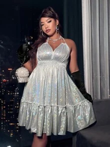 Vestido de tirantes bajo con fruncido de espalda abierta con cordón - Plateado - Ver 2