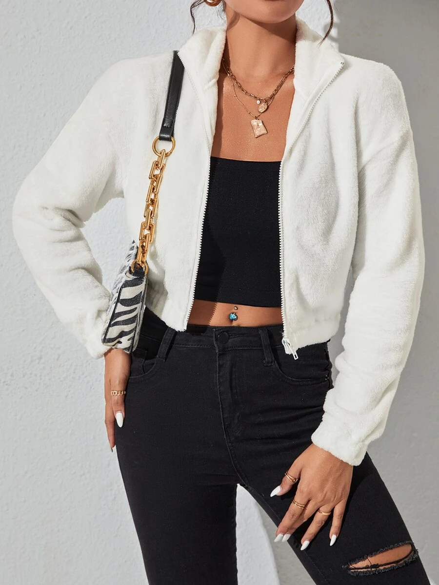 SHEIN PETITE Zip Up Drop Shoulder Crop Teddy Jacket In Fall/Winter - White - View 1