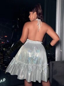 Vestido de tirantes bajo con fruncido de espalda abierta con cordón - Plateado - Ver 4