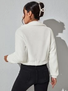 SHEIN PETITE Zip Up Drop Shoulder Crop Teddy Jacket In Fall/Winter - White - View 2