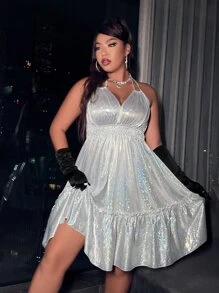 Vestido de tirantes bajo con fruncido de espalda abierta con cordón - Plateado - Ver 5