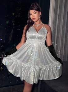 Vestido de tirantes bajo con fruncido de espalda abierta con cordón - Plateado - Ver 6