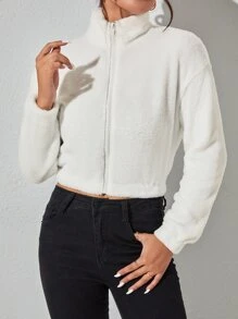 SHEIN PETITE Zip Up Drop Shoulder Crop Teddy Jacket In Fall/Winter - White - View 4