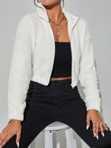 SHEIN PETITE Zip Up Drop Shoulder Crop Teddy Jacket In Fall/Winter - White - View 5