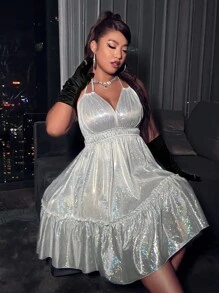 Vestido de tirantes bajo con fruncido de espalda abierta con cordón - Plateado - Ver 3