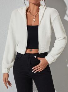SHEIN PETITE Zip Up Drop Shoulder Crop Teddy Jacket In Fall/Winter - White - View 6