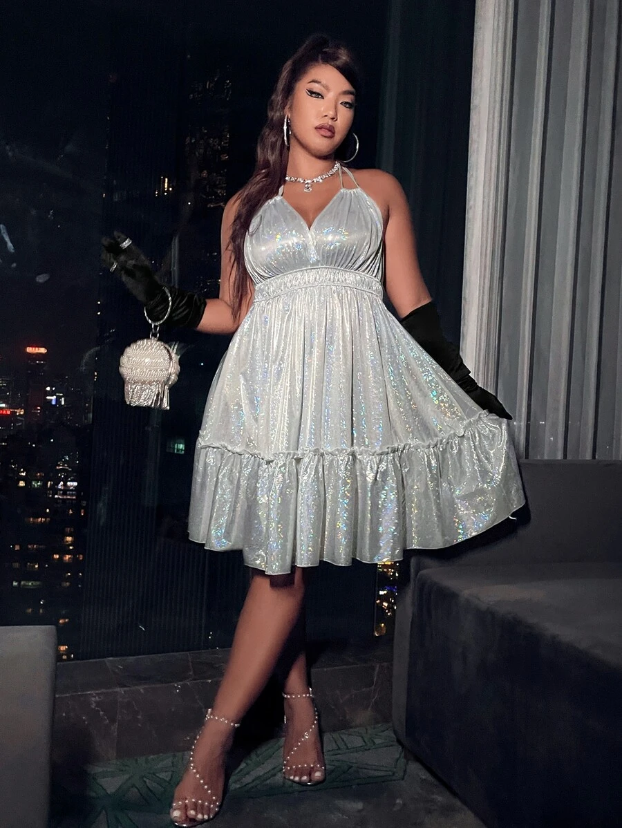 Vestido de tirantes bajo con fruncido de espalda abierta con cordón - Plateado - Ver 1