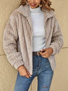 SHEIN LUNE Cazadora teddy con cremallera de hombros caídos - Caqui - Ver 4