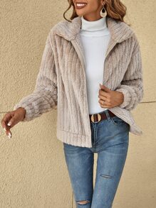 SHEIN LUNE Cazadora teddy con cremallera de hombros caídos - Caqui - Ver 1