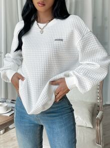 SHEIN EZwear 字母贴片细节落肩卫衣，毕业长袖上衣，返校服装，毕业典礼，女士教师服装，秋冬返校 - 白色 - 查看 1