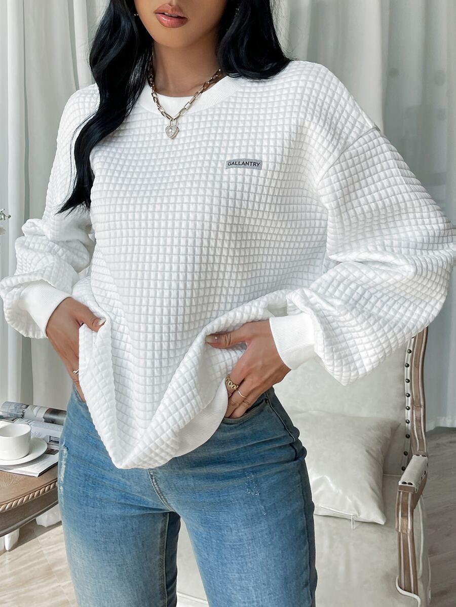 SHEIN EZwear 字母贴片细节落肩卫衣，毕业长袖上衣，返校服装，毕业典礼，女士教师服装，秋冬返校 - 白色 - 查看 1