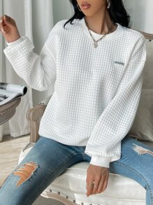 SHEIN EZwear 字母贴片细节落肩卫衣，毕业长袖上衣，返校服装，毕业典礼，女士教师服装，秋冬返校 - 白色 - 查看 4