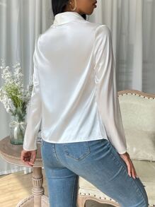 SHEIN Privé Draped Collar Satin Blouse - White - View 2