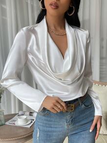 SHEIN Privé Draped Collar Satin Blouse - White - View 3