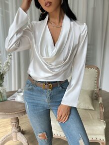 SHEIN Privé Draped Collar Satin Blouse - White - View 5
