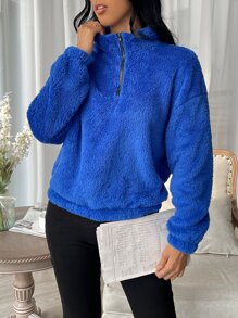 SHEIN LUNE Half Zip Drop Shoulder Teddy Sweatshirt - Blue - View 6