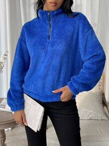 SHEIN LUNE Half Zip Drop Shoulder Teddy Sweatshirt - Blue - View 1