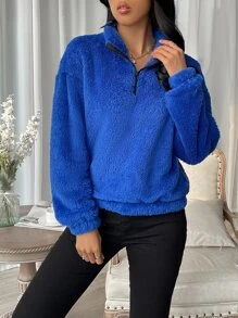 SHEIN LUNE Half Zip Drop Shoulder Teddy Sweatshirt - Blue - View 4