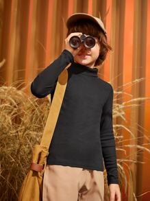 SHEIN Tween Boys' High Neck Solid Color Long Sleeve T-Shirt, Casual Daily Wear, Autumn-Winter - Black - View 1