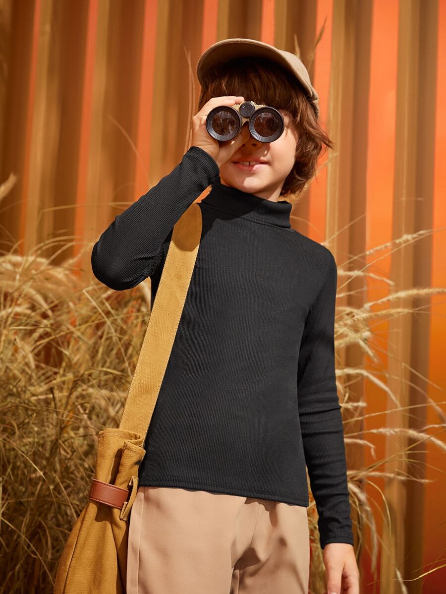 SHEIN Tween Boys' High Neck Solid Color Long Sleeve T-Shirt, Casual Daily Wear, Autumn-Winter - Black - View 1