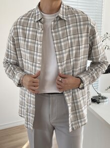 DAZY 男士棉格紋印花落肩袖襯衫 - 卡其色 - 查看 3