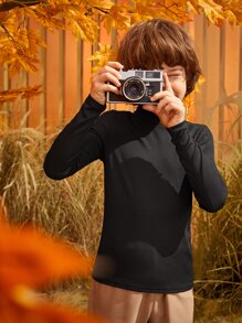 SHEIN Tween Boys' High Neck Solid Color Long Sleeve T-Shirt, Casual Daily Wear, Autumn-Winter - Black - View 2