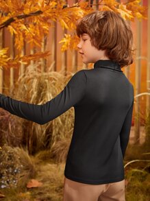 SHEIN Tween Boys' High Neck Solid Color Long Sleeve T-Shirt, Casual Daily Wear, Autumn-Winter - Black - View 5