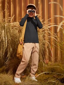 SHEIN Tween Boys' High Neck Solid Color Long Sleeve T-Shirt, Casual Daily Wear, Autumn-Winter - Black - View 6