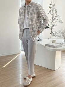 DAZY 男士棉格紋印花落肩袖襯衫 - 卡其色 - 查看 6