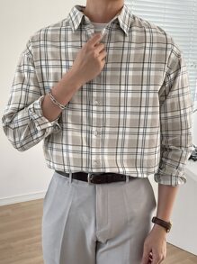 DAZY 男士棉格紋印花落肩袖襯衫 - 卡其色 - 查看 7