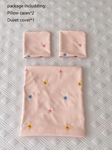 Floral Embroidery Duvet Cover Set Without Filler - Pink - View 7