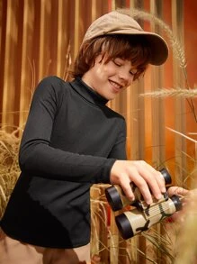 SHEIN Tween Boys' High Neck Solid Color Long Sleeve T-Shirt, Casual Daily Wear, Autumn-Winter - Black - View 8