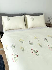 Floral Embroidery Duvet Cover Set Without Filler - Beige - View 1