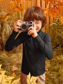 SHEIN Tween Boys' High Neck Solid Color Long Sleeve T-Shirt, Casual Daily Wear, Autumn-Winter - Black - View 9