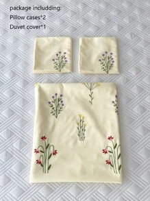 Floral Embroidery Duvet Cover Set Without Filler - Beige - View 7