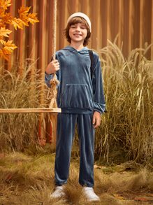 SHEIN 男孩袋鼠口袋素色連帽衫和運動褲 - 霧霾藍 - 查看 3