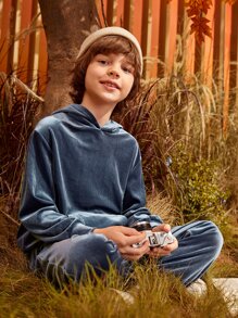 SHEIN 男孩袋鼠口袋素色連帽衫和運動褲 - 霧霾藍 - 查看 4