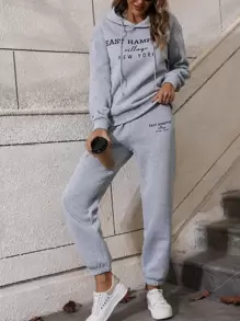 SHEIN LUNE Letter Graphic Drawstring Hoodie & Sweatpants - Light Grey - View 1