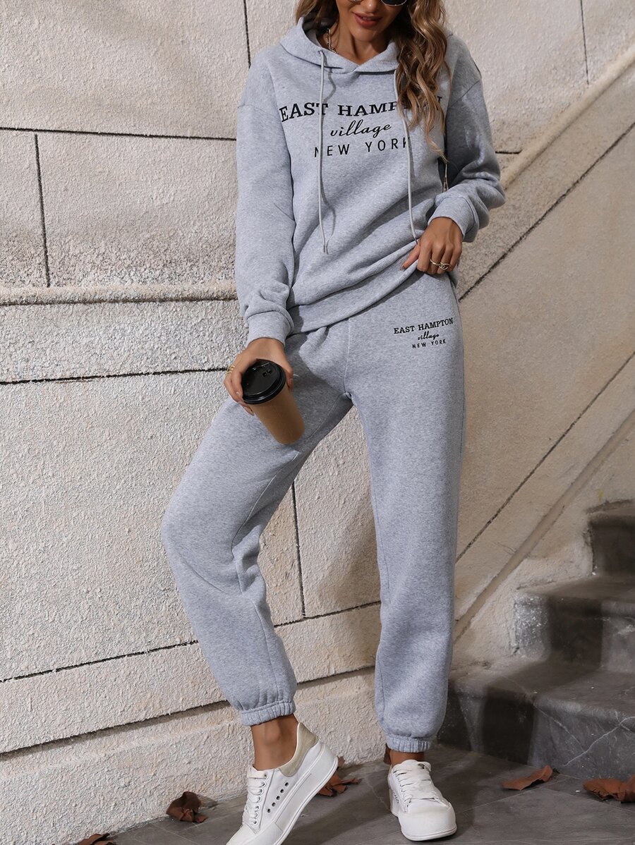 SHEIN LUNE Letter Graphic Drawstring Hoodie & Sweatpants - Light Grey - View 1