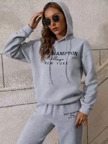 SHEIN LUNE Letter Graphic Drawstring Hoodie & Sweatpants - Light Grey - View 4