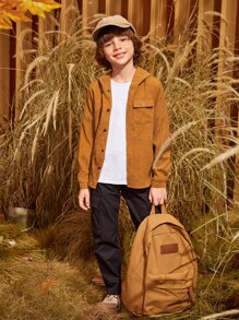 SHEIN 男孩翻蓋口袋燈芯絨連帽襯衫