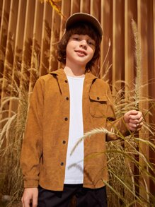 SHEIN 男孩翻蓋口袋燈芯絨連帽襯衫