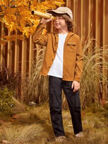 SHEIN 男孩翻蓋口袋燈芯絨連帽襯衫