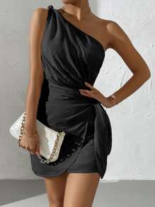 SHEIN Belle Vestido de un hombro con nudo lateral - Negro - Ver 5