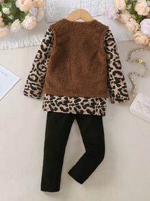 小女童豹紋印花T恤和夾克背心和緊身打底褲 - 卡其色 - 查看 2