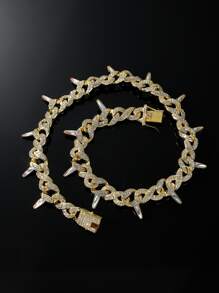 For Women Men Rhinestone Decor Necklace Chain Bling Iced Out, For Jewelry Gift And Party - Yellow Gold - View 1